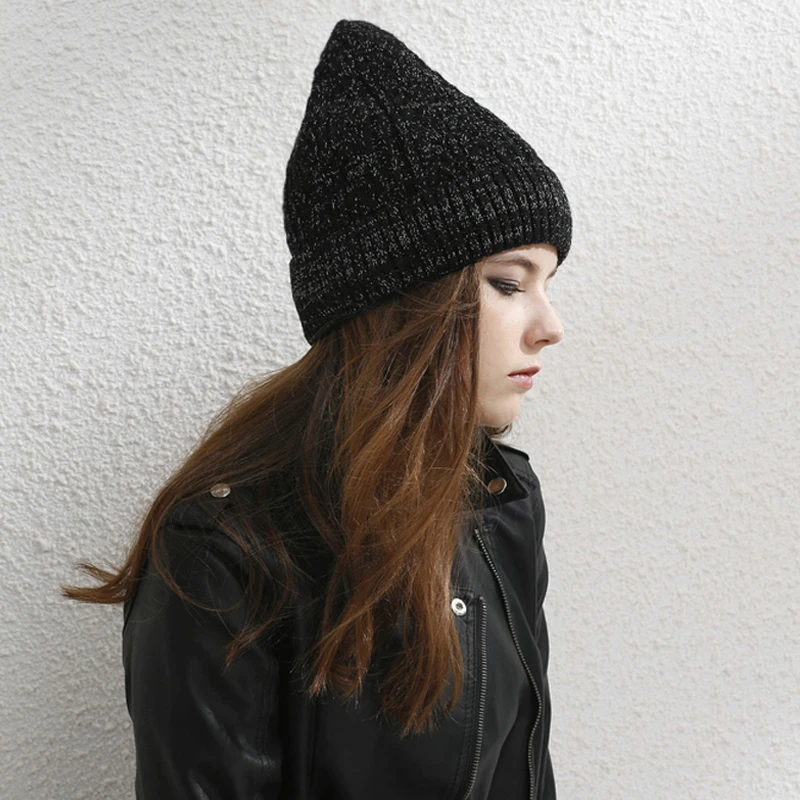 2017 Stylish Winter Warm Women's Wool Knitted Pointy Hat With Plus Velvet Lining Beanie Caps Black Grey Red Colour | Аксессуары для
