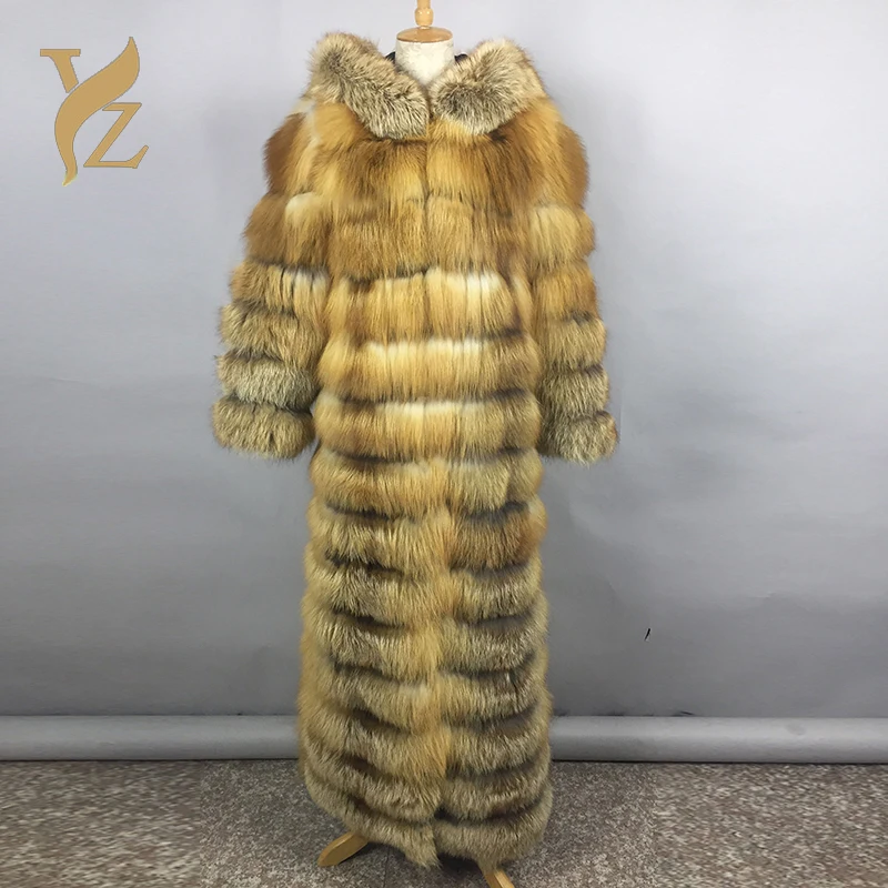 Женская длинная шуба из натурального меха красная/синяя/Серебристая лисьего