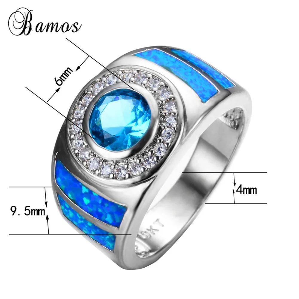 Bamos Vintage White Gold Filled Geometric Ring Luxury Blue Fire Opal Cocktail Crystal Jewelry Wedding Bands For Couples | Украшения и