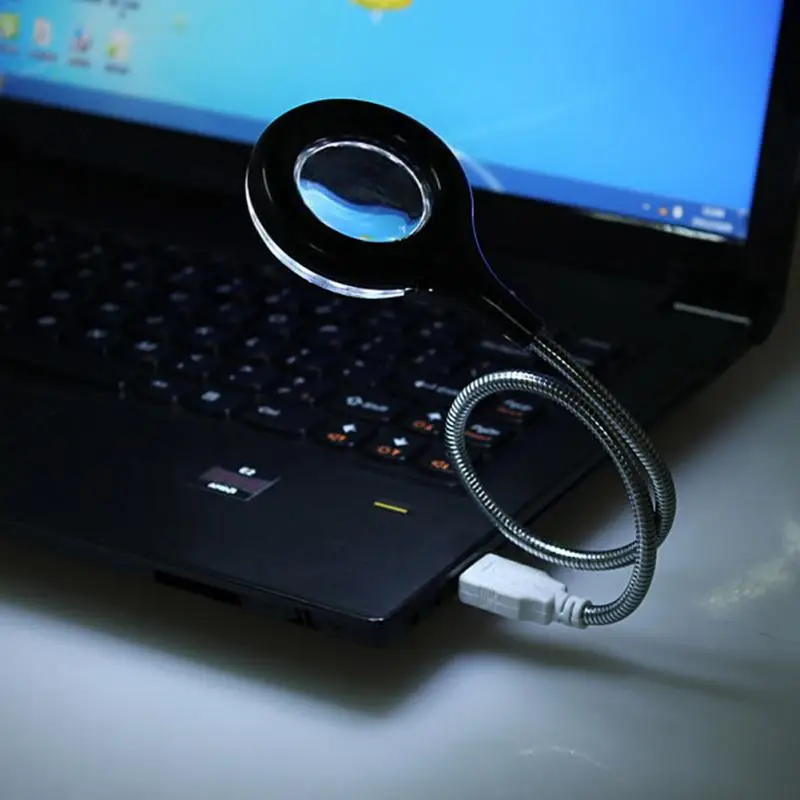 Гибкий 18 светодиодный USB Настольный светильник для чтения, настольная лампа с 4X увеличительным стеклом, мини USB светодиодный светильник
