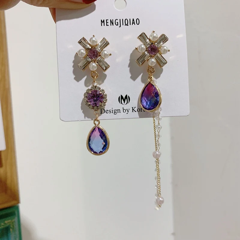 MENGJIQIAO корейские новые шикарные хрустальные серьги в форме сердца с длинной кисточкой для женщин элегантные жемчужные подвески ювелирные изделия