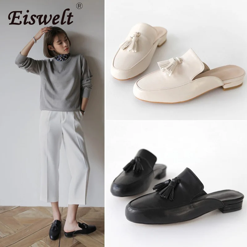 EISWELT 2018 New Arrive Lady Slippers Top Quality Genuine Leather Shallow Shoes Comfortable Square Heel Summer Mules | Обувь