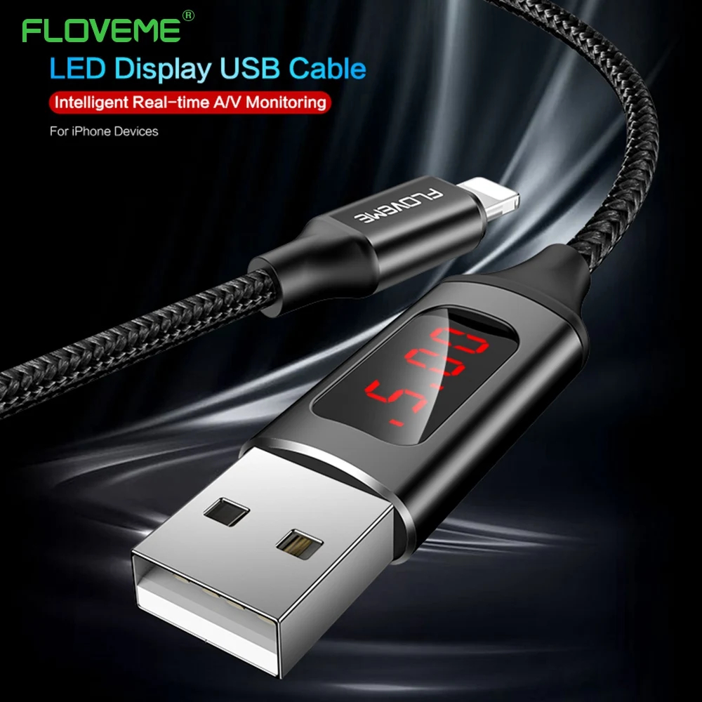 СВЕТОДИОДНЫЙ цифровой usb-кабель FLOVEME для Apple iPhone X, 7, 8, 6 Plus, зарядное устройство 2.1A, зарядка для передачи данных, кабели с нейлоновой оплеткой