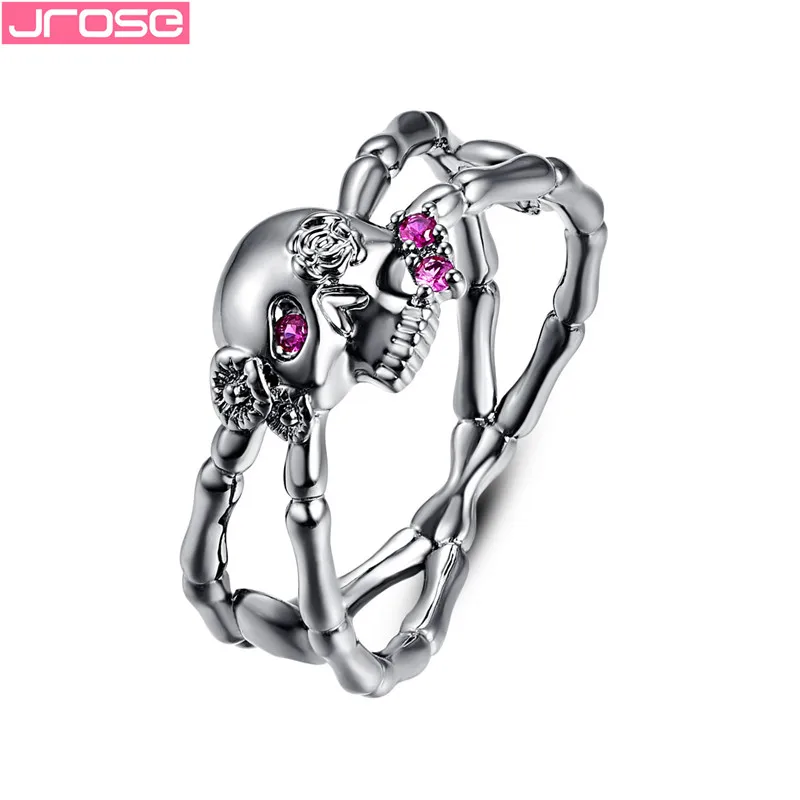 Rose Red JROSE New Popular Gun Black Cross Skull Rose Flower Silver Rings for Women Gothic Engagement Wedding Party Ring Punk Jewelry - Цвет основного камня: Rose Red