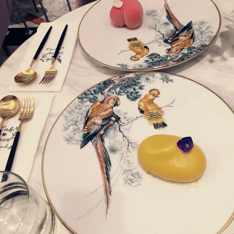Обеденная тарелка круглая тарелка Assiette костяного фарфора тарелка поднос для еды с золотыми полями животный Лес Серия столовая посуда китайский набор для рисования чернилами