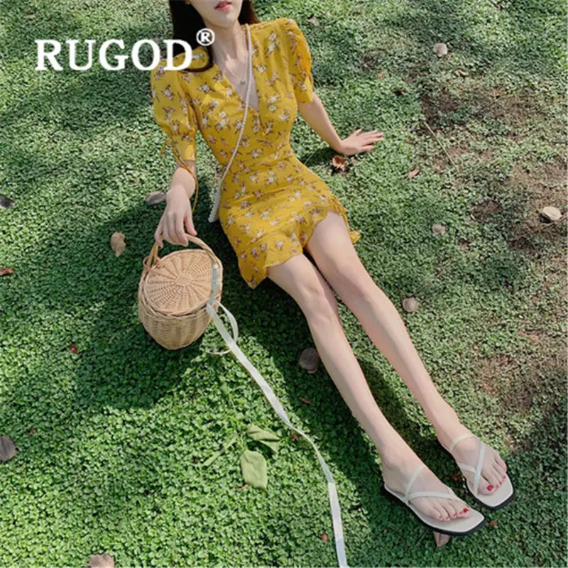 Женское платье с оборками RUGOD Повседневное цветочным принтом и v образным вырезом