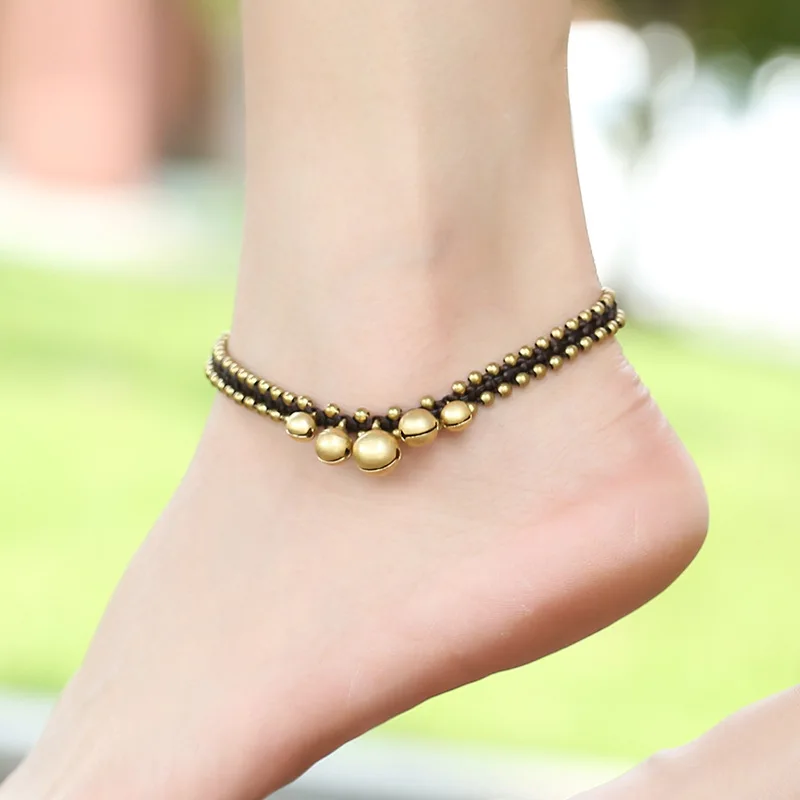 

Bohemian DIY Jewellery Handmade Weave Copper Bead Bell Female Anklet Fashion Simple Beach Foot Accessories For Women Summer Gift