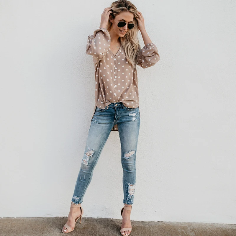 Женская футболка в горошек Длинная Элегантная с длинным рукавом и v образным