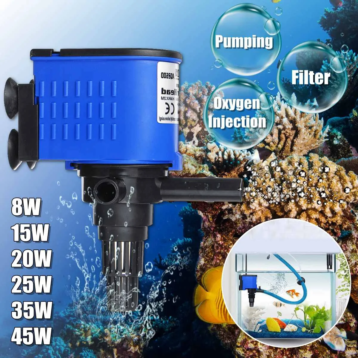 3-in-1 Internal Aquarium Filter Pump Water Circulating Water Spray Flow Fish Tank Submersible Purifier Filter Pump 8/15/20/25/35