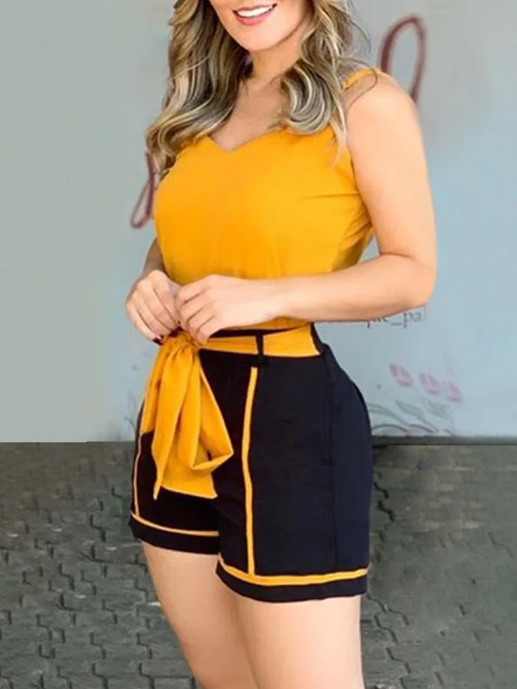 

Colorblock Knotted Spaghetti Strap Romper Summer Beach Overalls Womens Jumpsuit Combinaison Short Femme