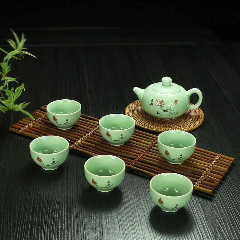 A Цзиндэчжэнь, Китай, Celadon, чайный сервиз, керамический фарфор, керамика, голубой и белый чай, чашка, чайный горшок, чайный набор кунг-фу - Цвет: A
