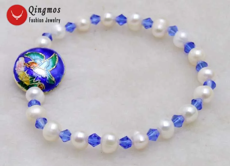 

Qingmos Trendy 5-6mm White Natural Pearl Bracelets for Women with Blue Crystal and 18mm Cloisonne Bracelet 7.5'' Jewelry-bra391