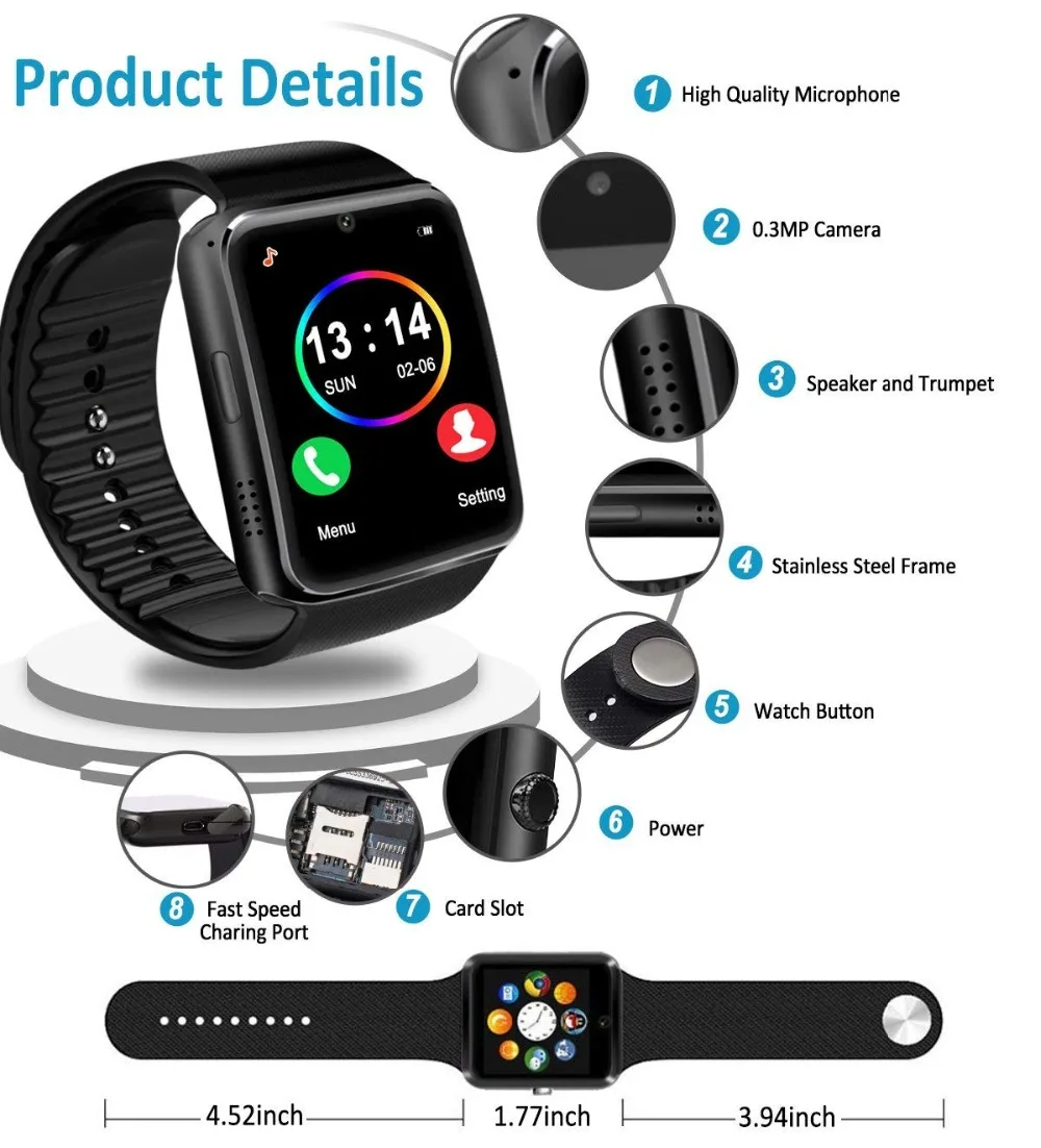 2018 Best Bluetooth Android Smart Watch Touch Screen Sleep Monitor Mobile Phone Smartwat for Kids Children Men Women Smat | Электроника