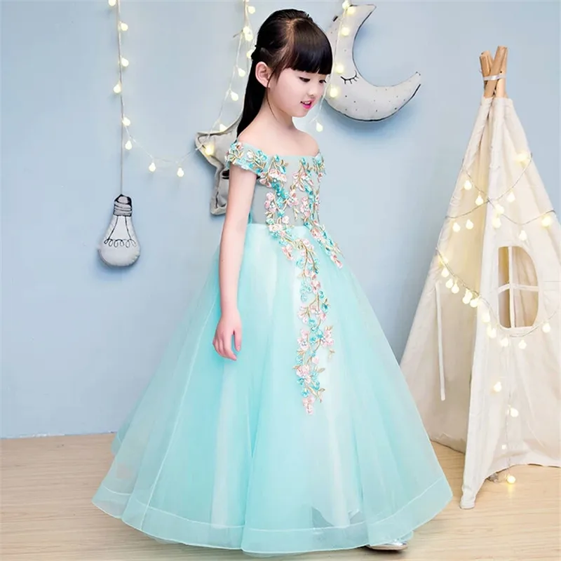 

2020 European&American Luxury New Girls Children Embroidery Flowers Princess Shoulderless Dress Wedding Evening Party Tail Dress