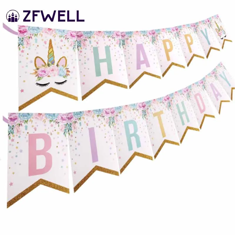 ZFWELL Единорог буквы с днем рождения pull флаг баннер розовые цветы фон макет