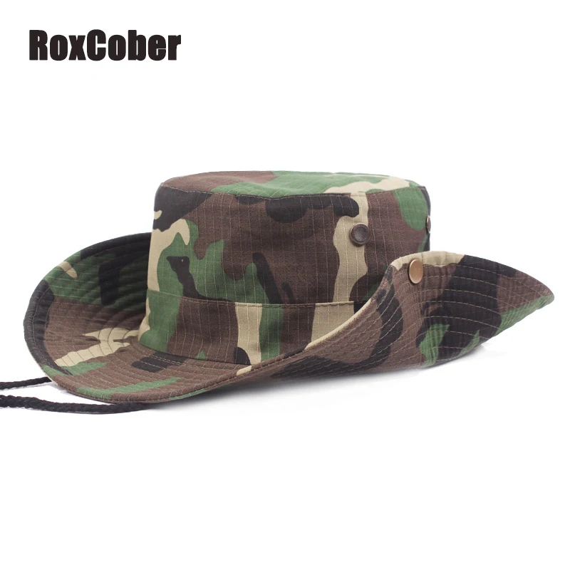 RoxCober открытый приключения Камуфляж для мужчин's кепки Панама шапки ветер веревка фиксированной пляжная шляпа складной рыбак s