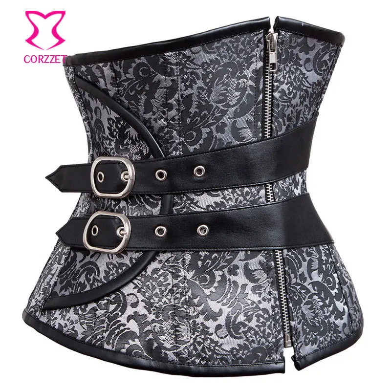 Женский корсет с серебряной застежкой молнией и пряжкой под грудью в стиле