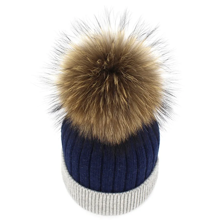 navy Lanxxy Для женщин вязаная шапка Кепки Gorro Натуральный мех pom hat капот Повседневное зима Шапки помпоном - Цвет: navy
