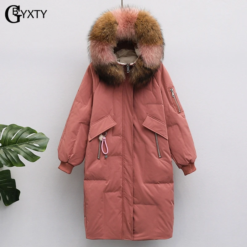 GBYXTY donsjas dames, воротник из меха енота, свободная пуховая куртка с капюшоном, зимний женский длинный пуховик и пальто ZA1568