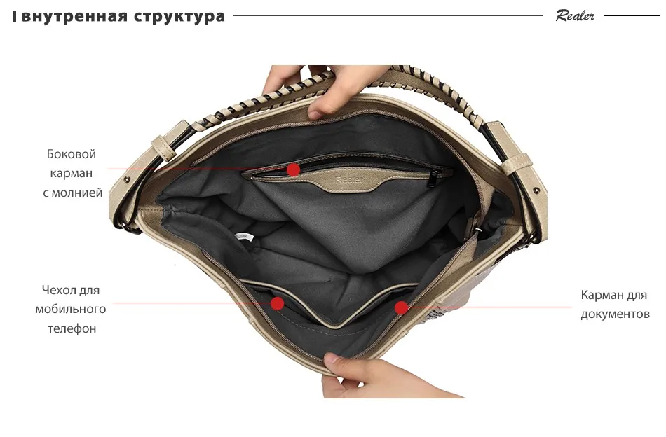 REALER большая женская сумка на плечо высокого качества из искусственной кожи, женские сумки с короткими ручками, сумка через плечо с заклепками ,дамские сумка хобо