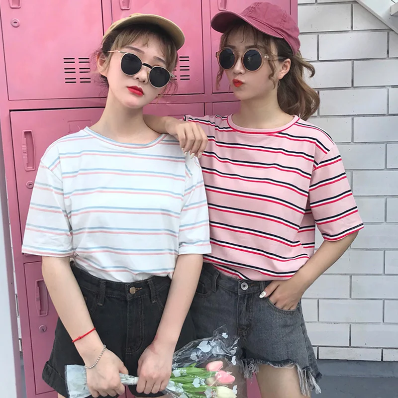 Kawaii/Розовая белая полосатая футболка для женщин Повседневная Винтажная девушек