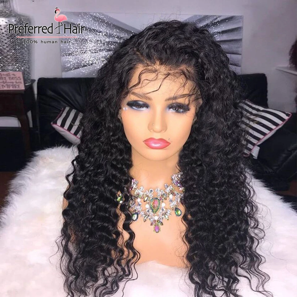 Предпочтительные бразильские волосы Remy с глубоким волнистым кружевным фронтом парик с волосами младенца 150% Плотность предварительно сорвал полный кружева человеческих волос парики для женщин