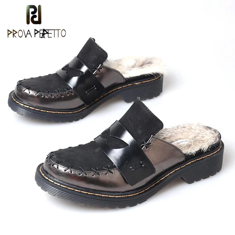 

Prova Perfetto Winter Women Rabbit Fur Slingback Closed Toe Slipper Genuine Leather Patchwork Leisure Street Shoes for Ladies