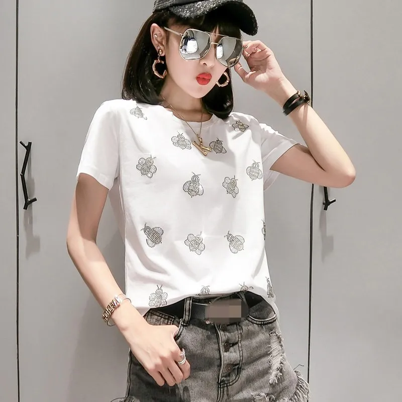 Женский пуловер с коротким рукавом круглым вырезом и стразами|Футболки| |