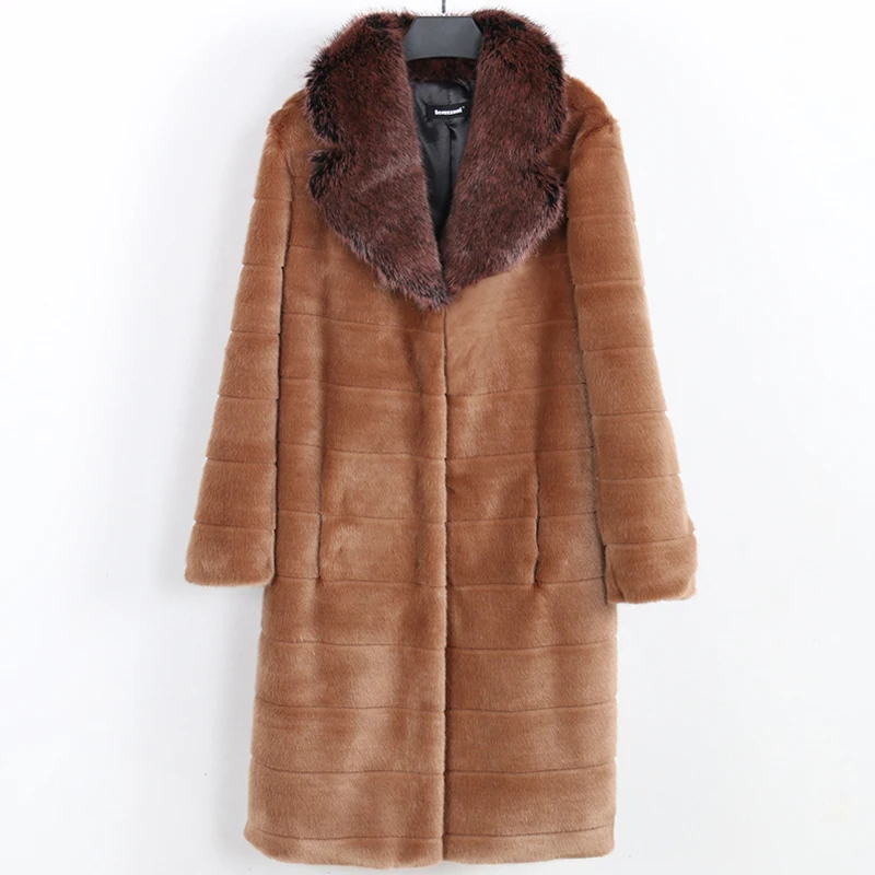 

Nerazzurri Winter Long Warm Striped Fluffy Faux Fur Coat Women with Fox Fur Collar Elegant Luxury Designer Furry Jacket 2021