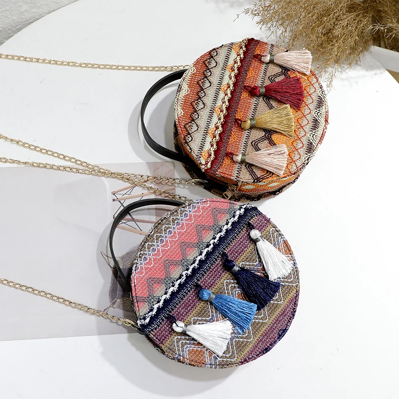 Маленькие круглые богемные сумки для женщин Сумка с цепочкой и кисточками
