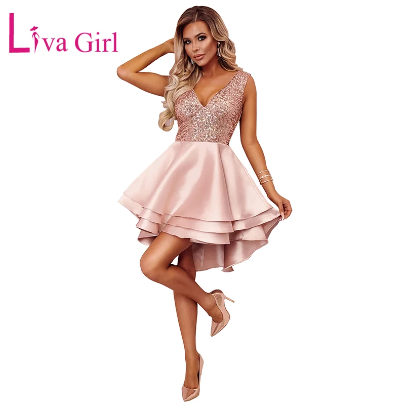 Женское платье с блестками LIVA GIRL красное розовое Черное мини-платье V-образным