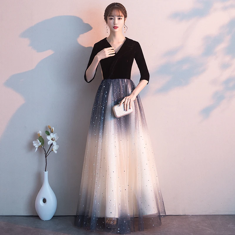 Robe De Soiree Black 2020 Sexy Backless Long Evening Dress The Bride Elegant Banquet Tulle Lace V-neck Formal Party Gown LYFY108 | Свадьбы и