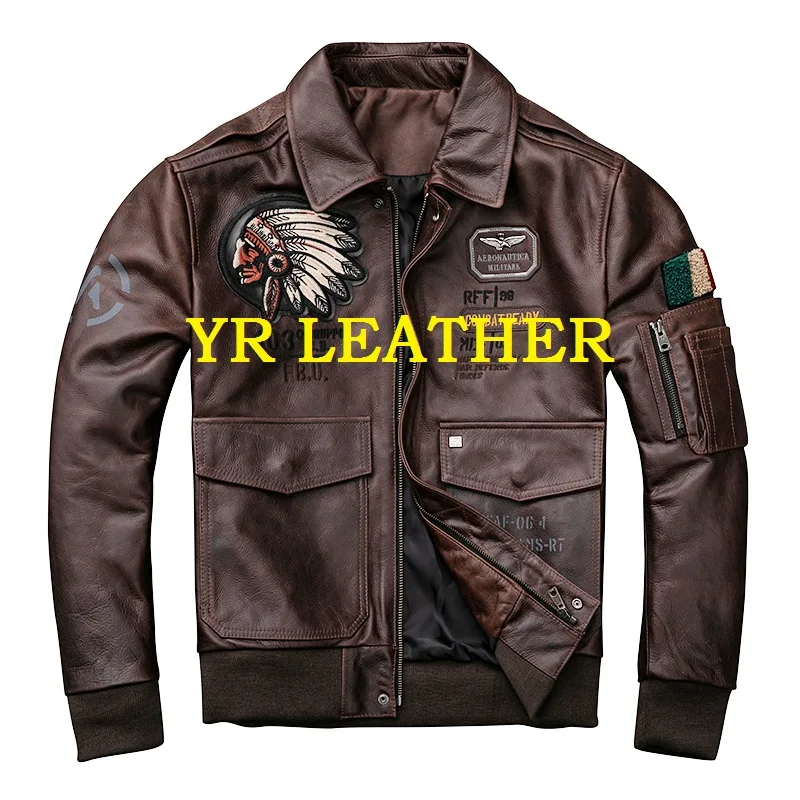 

YR!Free shipping.Brand new mens plus size genuine leather jacket,cowhide coat,bomber leather jackets.brown vintage motor biker