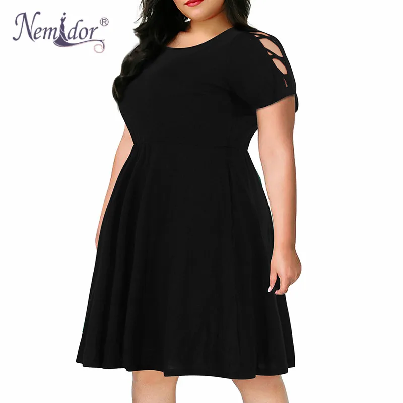 solid black Nemidor Women Casual O-neck Short Sleeve Stripe Print A-line Dress Plus Size 7XL 8XL 9XL Swing Fit and Flare Dress With Pockets - Цвет: solid black