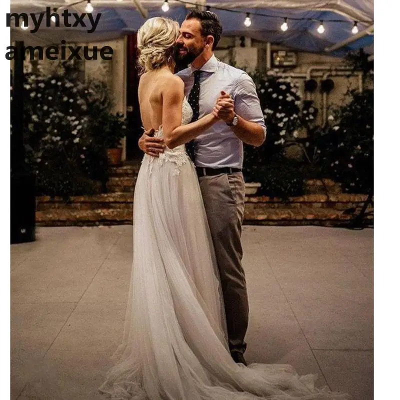

Sexy Boho Wedding Dress 2020 Appliqued With Flowers Tulle A-line Sexy Backless Beach Bride Dress Wedding Gown Free Shipping