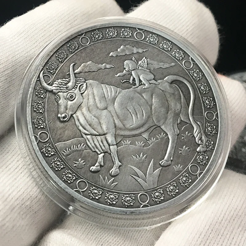 Taurus 12 созвездий, старинное серебро, тисненая монета с раком, памятная монета, любовь, Русалка, солнце, Бог, монета, украшение для дома, аксессуары - Цвет: Taurus