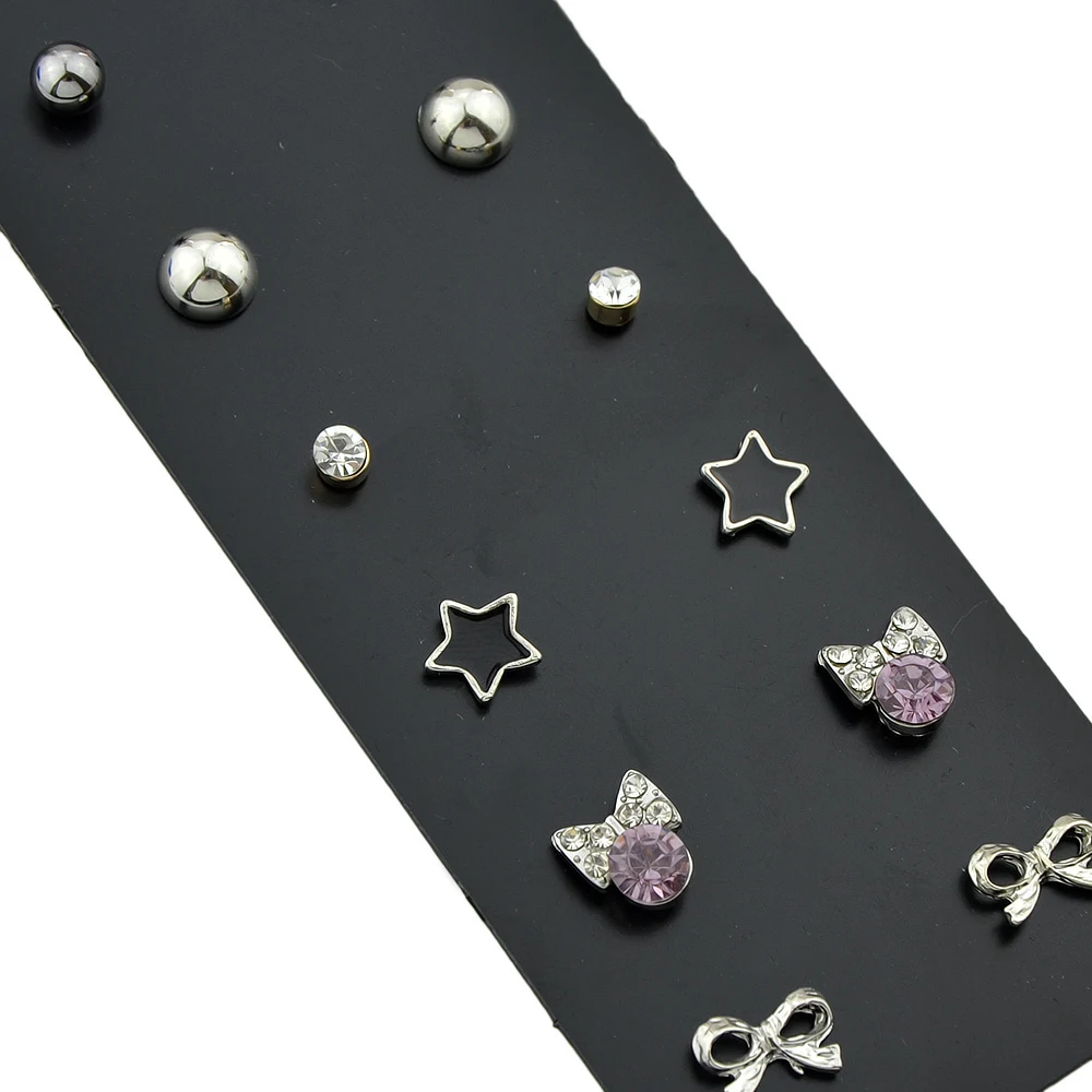 Kayshine 6 Pairs/Set Boho Chic Style Earrings Set Jewelry Silver Color With Rhinestone Star Bowknot Shape Stud | Украшения и