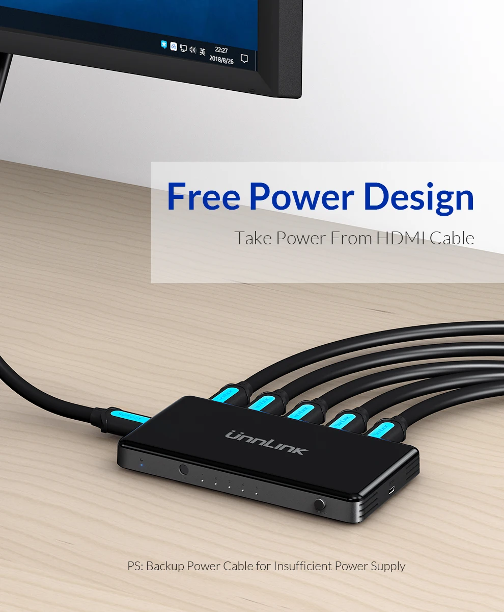 Unnlink HDMI коммутатор 5x1 HDMI 2,0 UHD4K@ 60 Гц RGB4: 4: 4 HDCP 2,2 HDR 5 в 1 выход для Smart tv MI Box3 PS4pro проектор