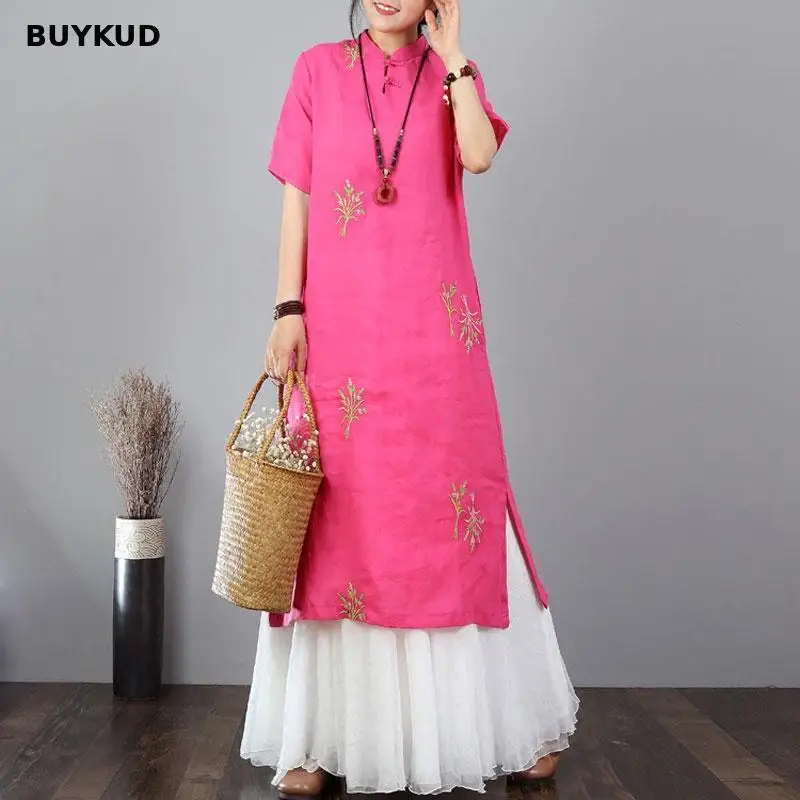 BUYKUD 2018 Новый стенд воротник Изделие из хлопка с короткими рукавами льняные