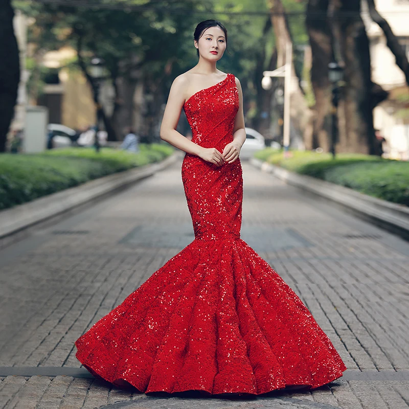 J66574 jancember elegant mermaid evening dress one shoulder floor length red bride wedding party dresses robe soiree rouge marié | Свадьбы и