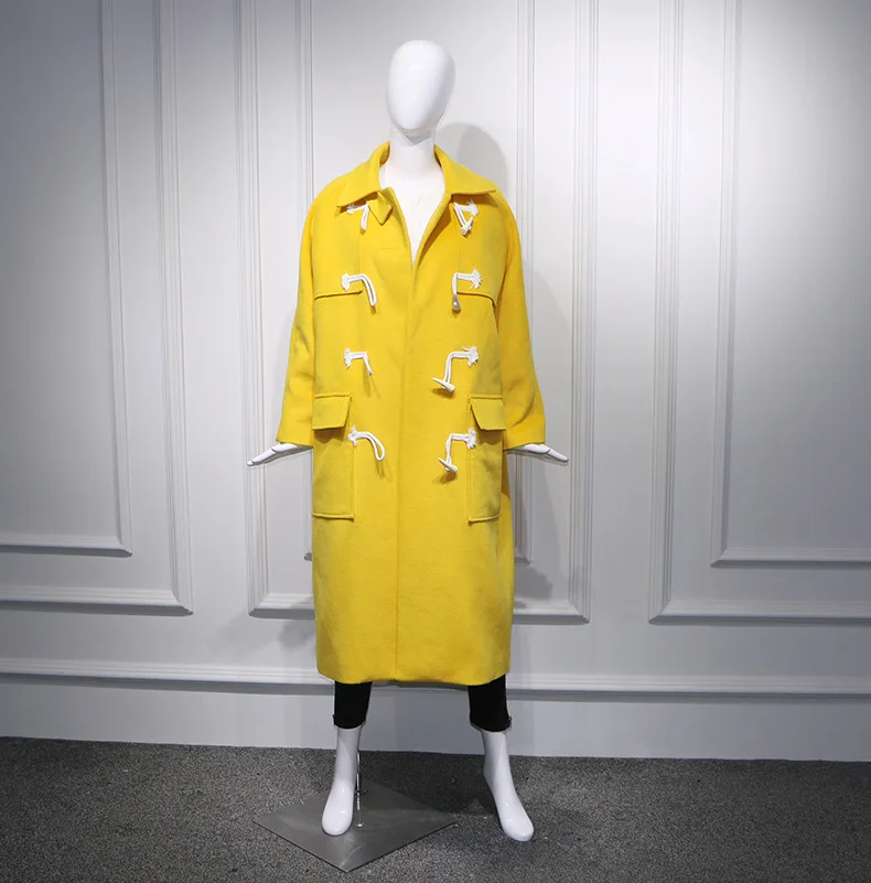 2018 свободное шерстяное длинное пальто с роговыми пуговицами женское хлопковое