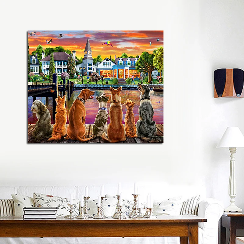 Алмазная вышивка собаки и город DIY картина сценическая 5D мозаика Вышивка крестом