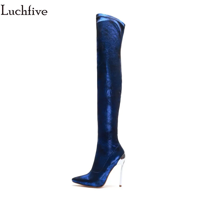 2018 г. осень зима синие сапоги выше колена металл серебро 12 см очень высокий каблук