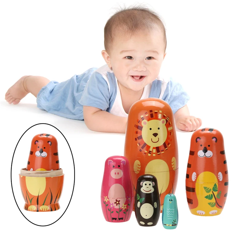 5 PCS/set Cute Russian Nesting Dolls Matryoshka Doll Toy 6&quot Tall Handmade Wooden Craft Cartoon Animals Pattern Kids Toys Gifts | Игрушки