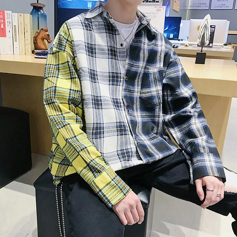 Harajuku Модные клетчатые фланелевые рубашки с длинным рукавом для мужчин Корейская