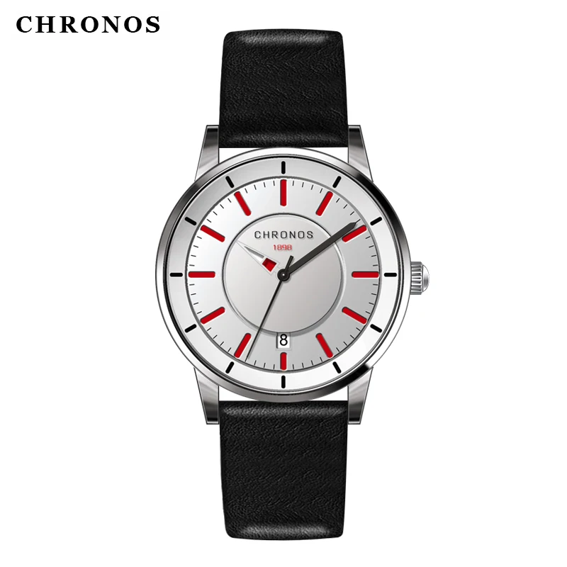 Модные мужские часы CHRONOS с датой корпус из нержавеющей стали искусственная кожа