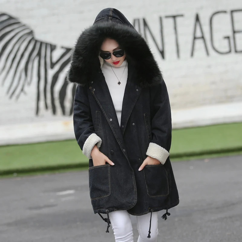 2018 зимнее пальто из овечьей шерсти джинсовая куртка Женская мода принт Длинные с