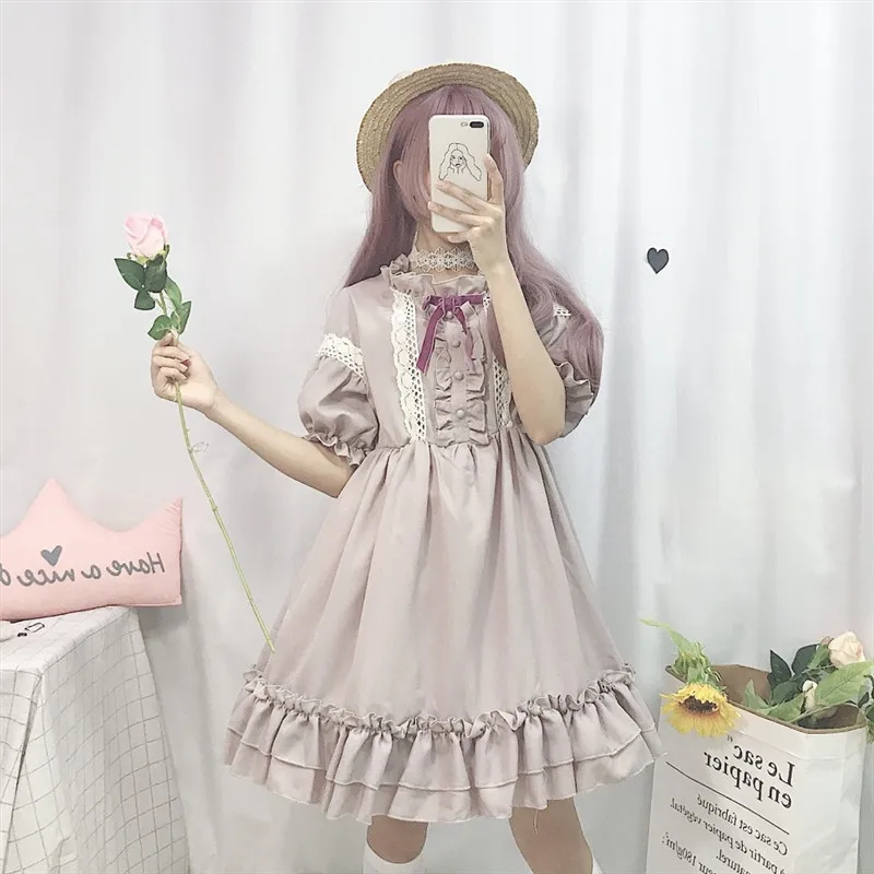 Kawaii/японское платье в стиле Лолиты; платье для женщин; мягкое платье для девочек; милое платье феи с кружевными рукавами-фонариками