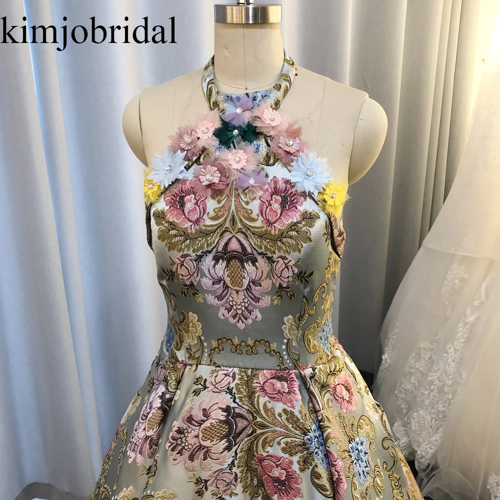 Gala Jurken Luxury Ball Gown Prom Dresses 2019 Halter Embrodiery Elegant 3D Flowers Blue Prom Gown 2020 Vestidos De Gala