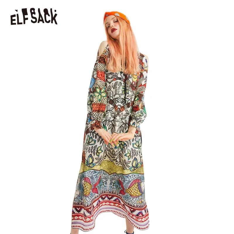 ELFSACK Vintage Floral Print Women Chiffon Dresses Fashion A-Line Full Sleeve Lace up Female Holiday Dress Elegant Dress